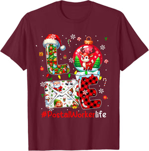 LOVE Postal Worker Christmas Santa Reindeer Matching Team T-Shirt - T-Shirt | Maroon