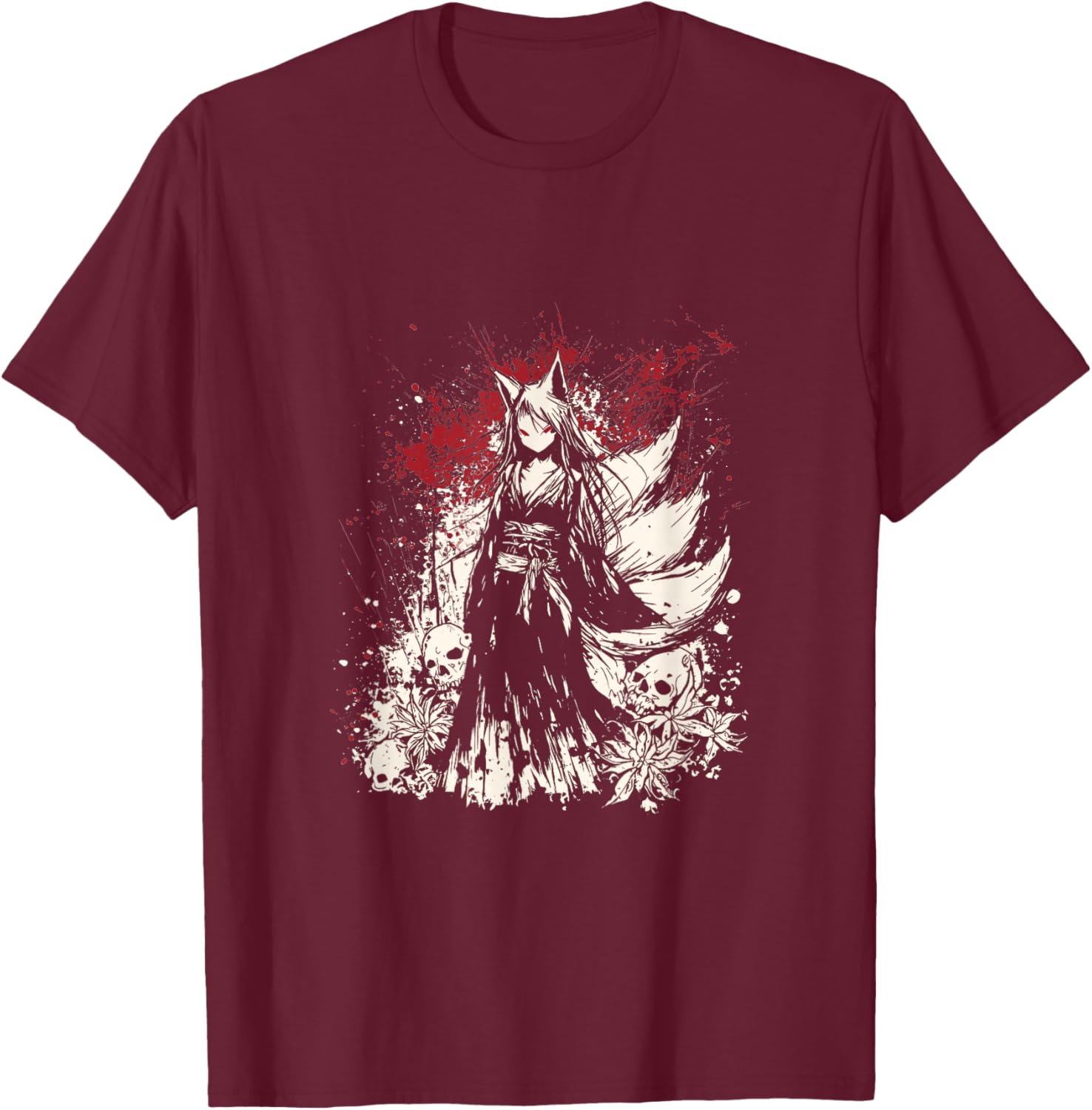 Kitsune Geisha Fox Mask Japanese Gothic Horror Aesthetic T-Shirt - T-Shirt | Maroon