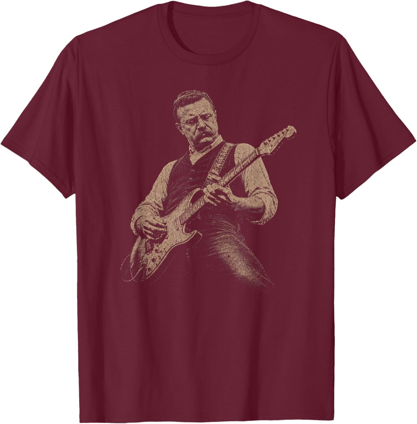Teddy Roosevelt Playing Guitar Patriotic American Rock Music T-Shirt - T-Shirt | Maroon