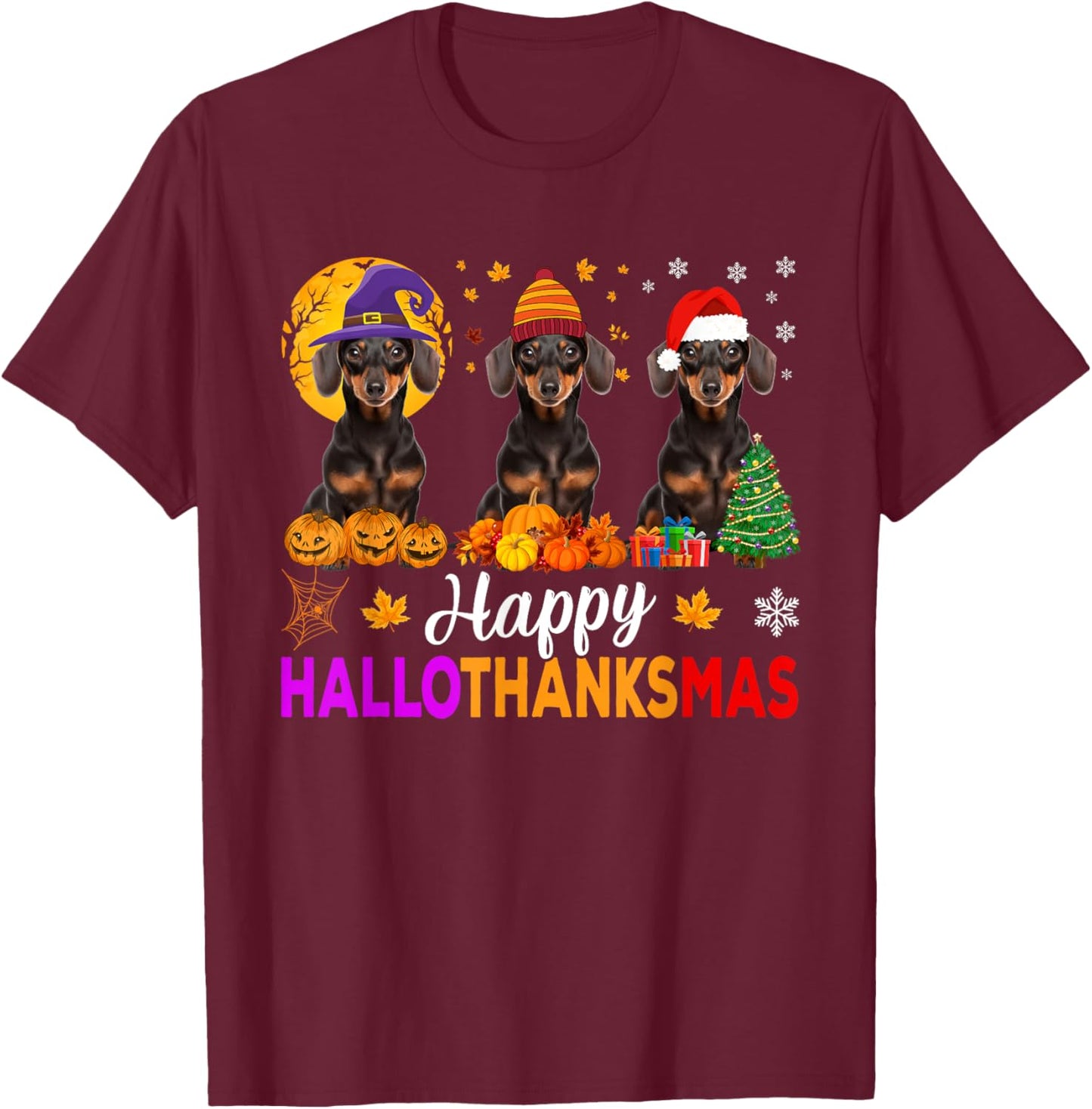Dachshund Dog Halloween Christmas Hallothanksmas Women Kids T-Shirt - T-Shirt | Maroon