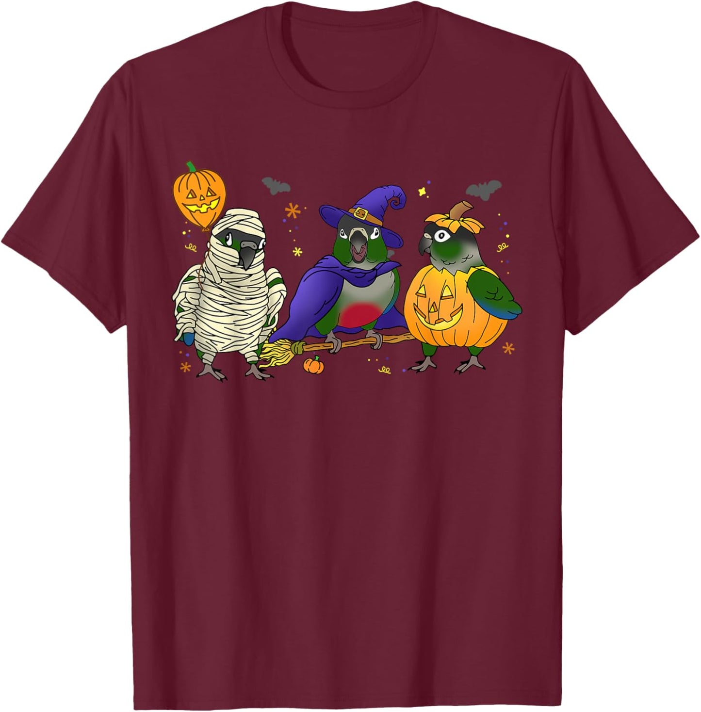Halloween parrot Green Cheek Conure Pumpkin Mummy Witch Birb T-Shirt - T-Shirt | Maroon