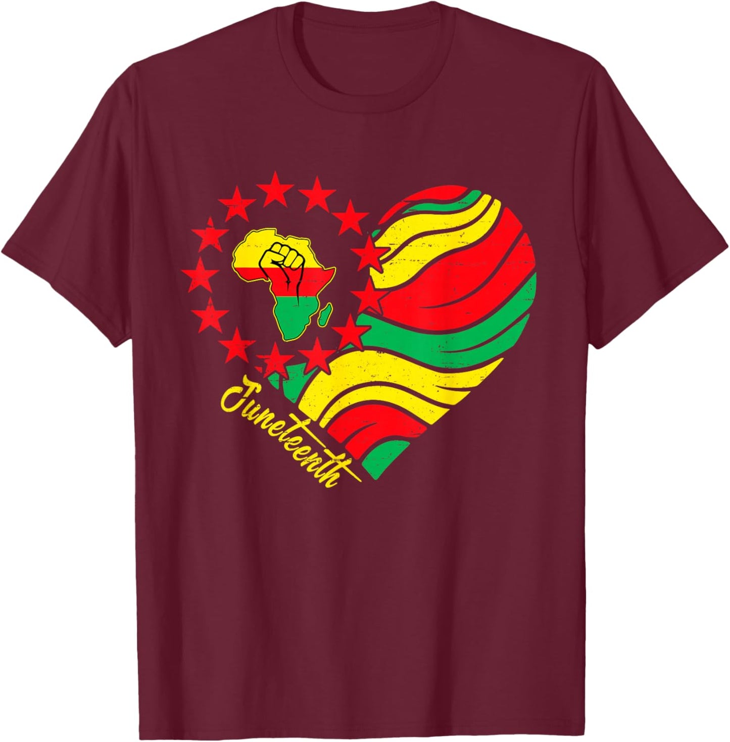 Juneteenth Heart African Afro Fist June 19th 1865 Men Women T-Shirt - T-Shirt | Maroon
