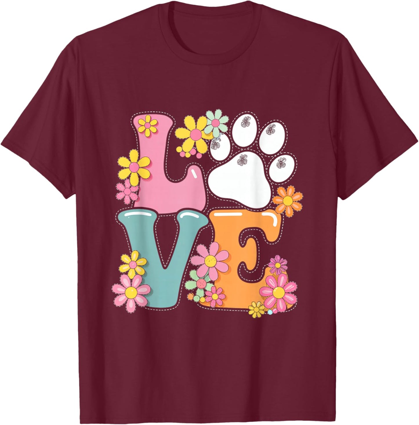 Love Flowers Paw Print Animal Pet Love Kids Women T-Shirt - T-Shirt | Maroon