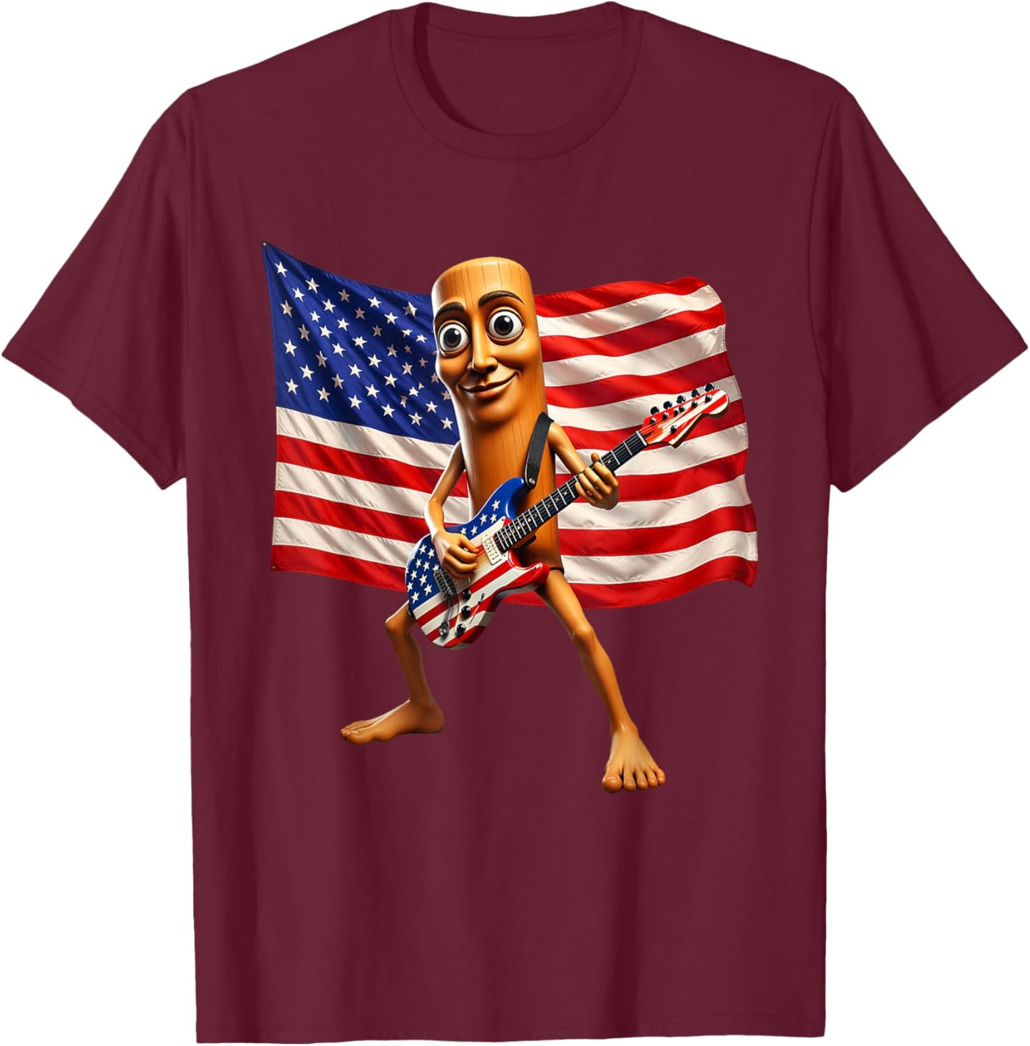 Brainrot 4th July US Flag America Tung Sahur Electric Guitar T-Shirt - T-Shirt | Maroon