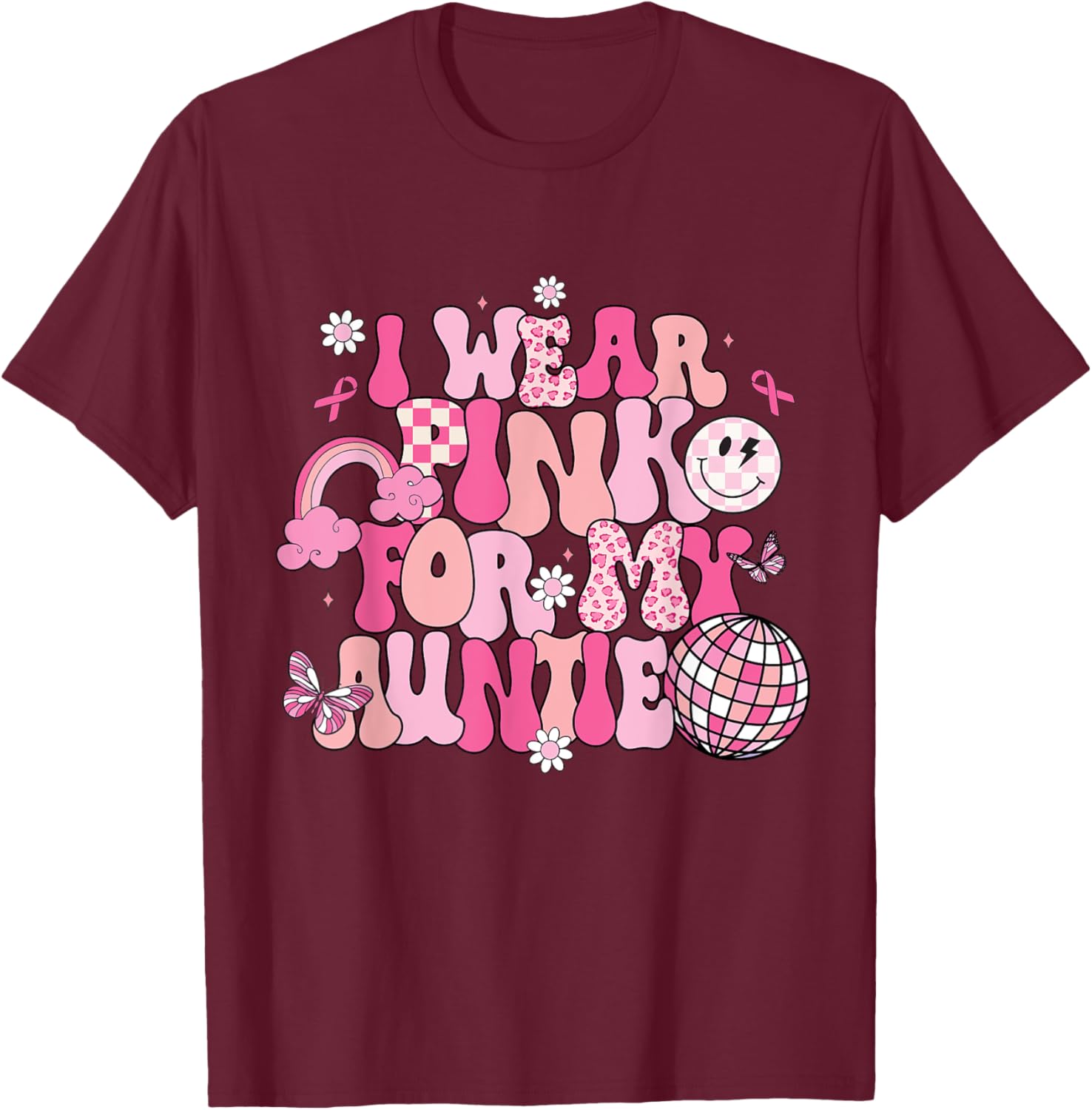 Groovy I Wear Pink For My Auntie Breast Cancer Awareness T-Shirt - T-Shirt | Maroon