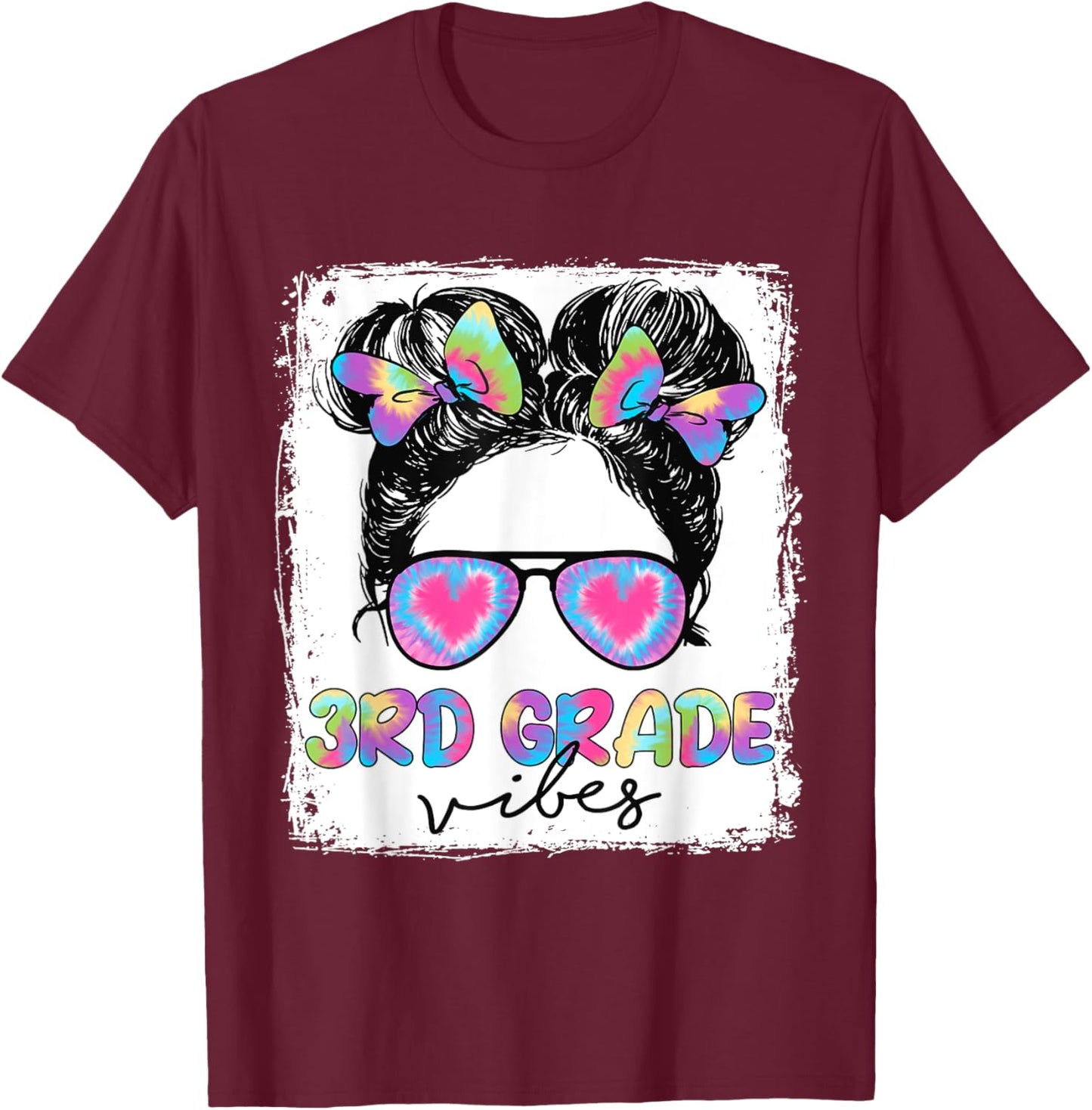 3rd Grade Vibes Messy Hair Bun Girl Back To School First Day T-Shirt - T-Shirt | Maroon