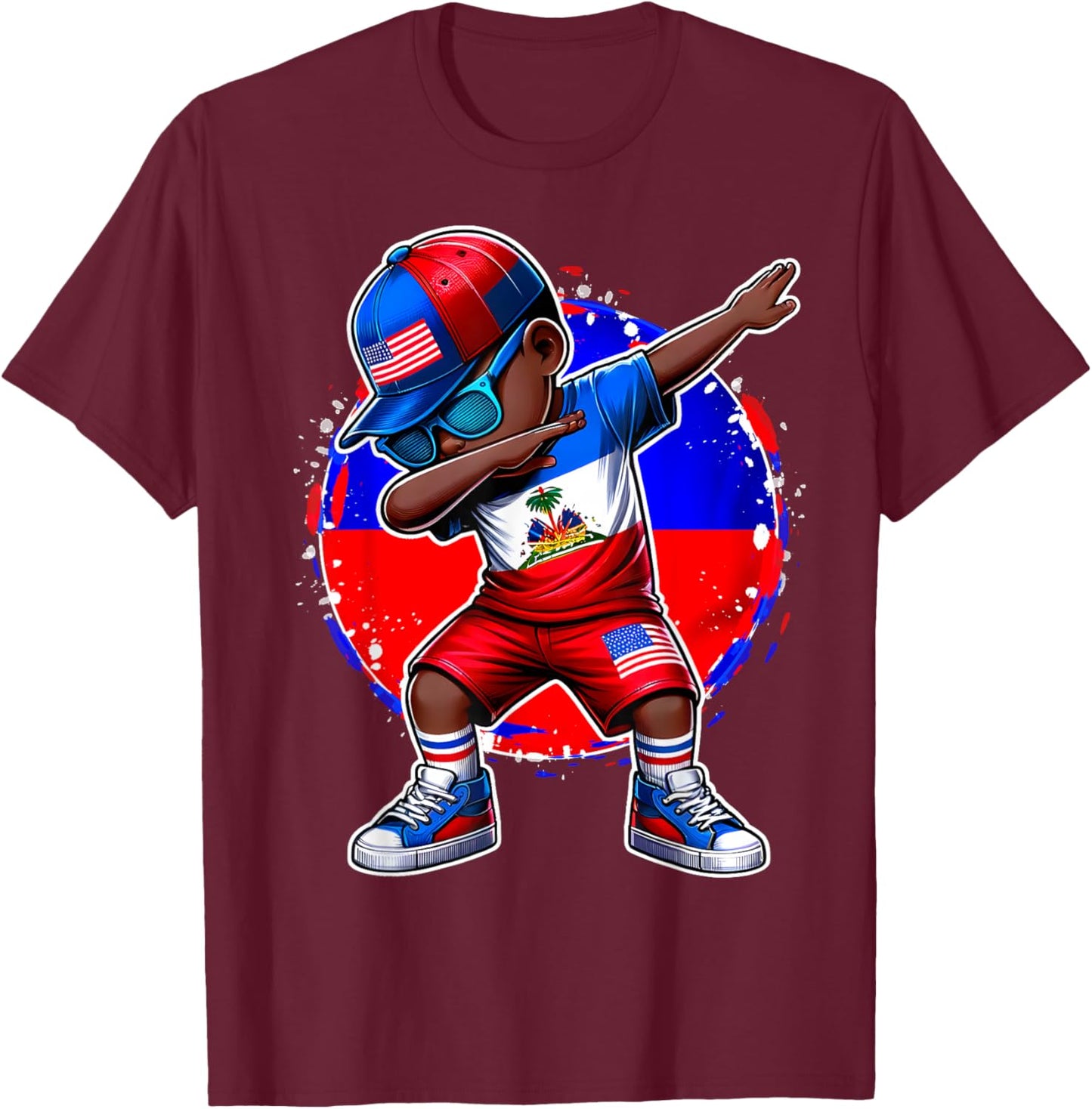 Half American Half Haitian Boy Kid Haiti Flag USA Flag T-Shirt - T-Shirt | Maroon