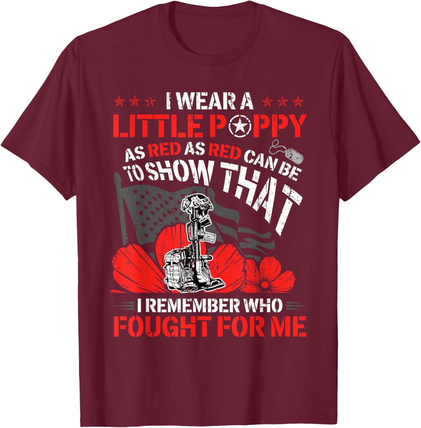 Remember & Honor Memorial Day Poppy Flower American Flag Men T-Shirt - T-Shirt | Maroon
