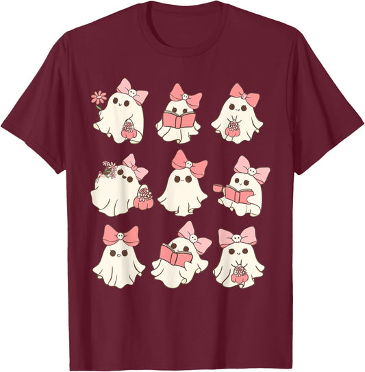 Pink Coquette Bow Cute Ghost Halloween Spooky Season T-Shirt - T-Shirt | Maroon