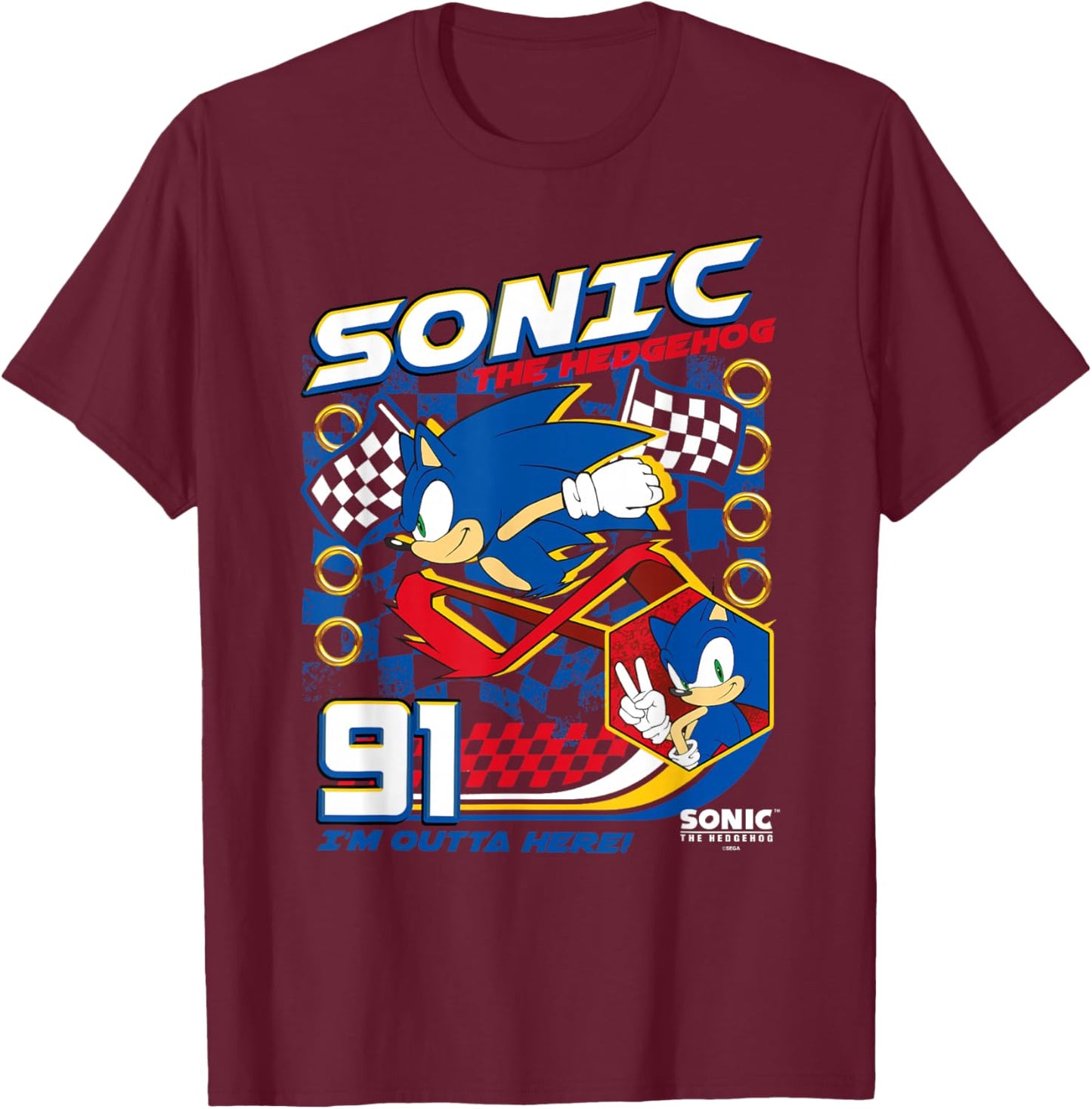 Sonic The Hedgehog 91 I'm Outta Here! Racing Poster T-Shirt - T-Shirt | Maroon
