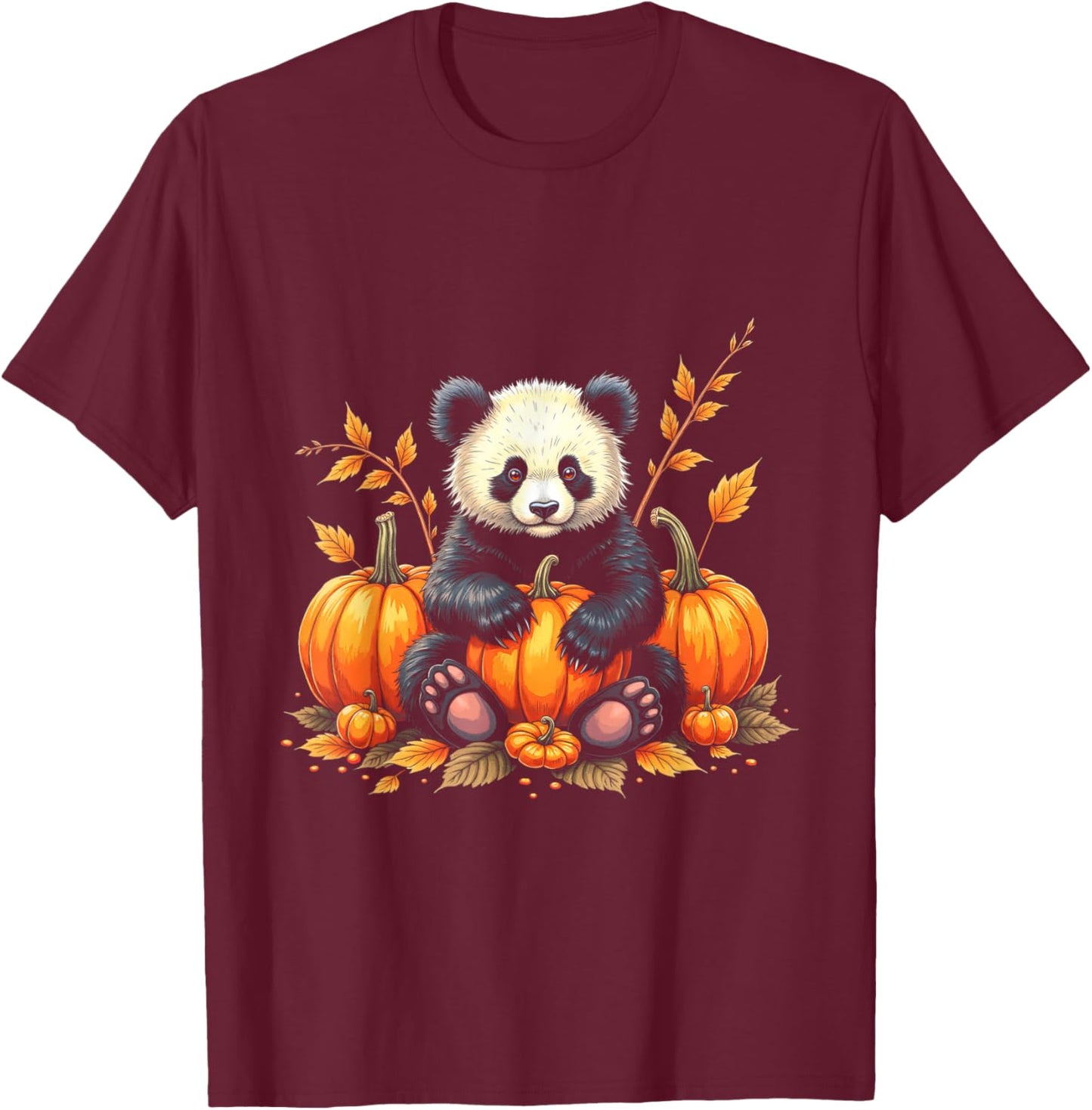 Adorable Panda Fall Vibes Autumn Pumpkins Thanksgiving T-Shirt - T-Shirt | Maroon