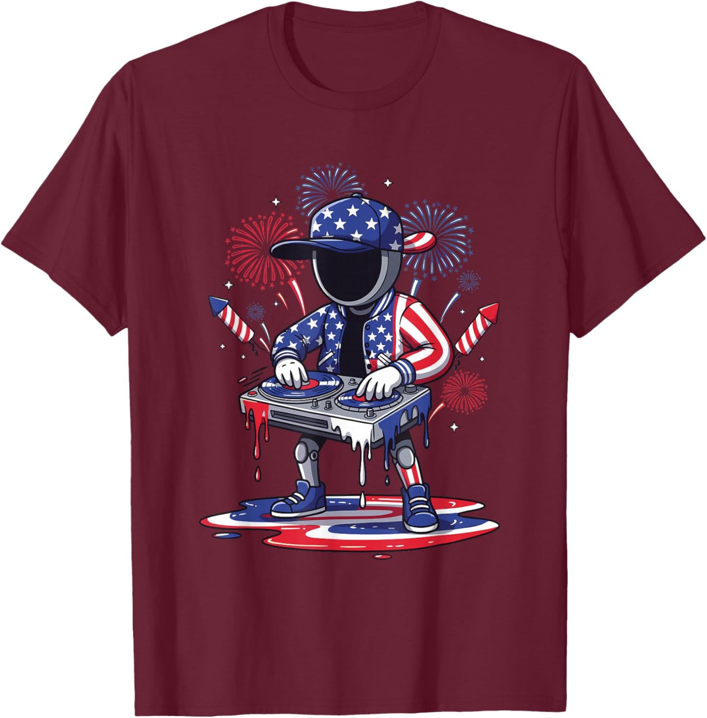 USA Flag DJ Robot Mixing Music for Independence Day Party T-Shirt - T-Shirt | Maroon