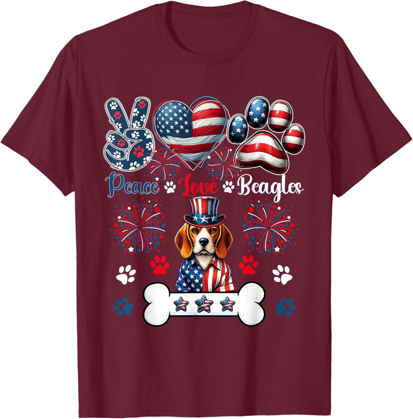 Peace Love Beagles 4th Of July Owner Lover Patriotic T-Shirt - T-Shirt | Maroon