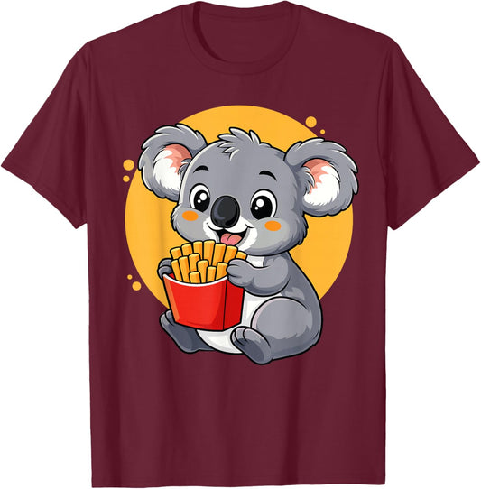Koala Eating Fries Funny Kawaii Animal Food Lover T-Shirt - T-Shirt | Maroon