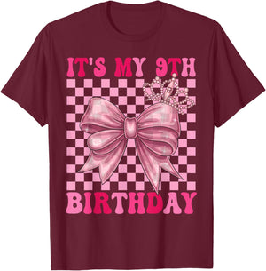Its My 9th Birthday Girl Coquette Bow 9 Year Old Party Girl T-Shirt - T-Shirt | Maroon