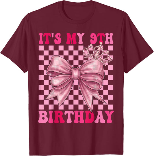 Its My 9th Birthday Girl Coquette Bow 9 Year Old Party Girl T-Shirt - T-Shirt | Maroon