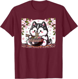 Kawaii Husky dog Eating Ramen T-Shirt - T-Shirt | Maroon