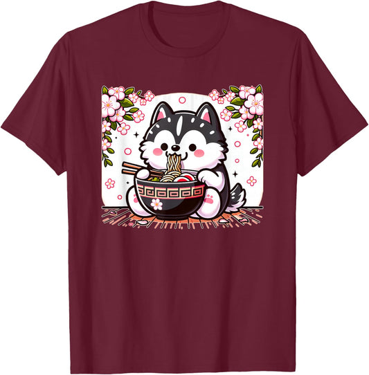 Kawaii Husky dog Eating Ramen T-Shirt - T-Shirt | Maroon