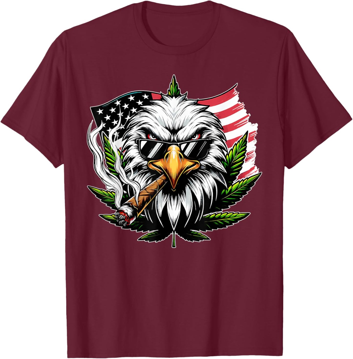 Eagle Smoking Marijuana Us Flag 4th Of July Cannabis Leaf T-Shirt - T-Shirt | Maroon