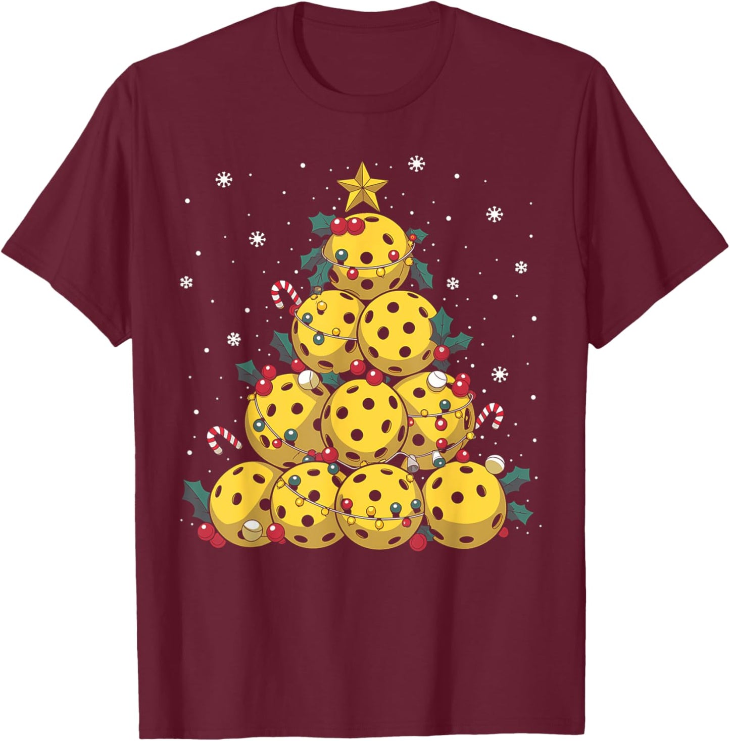 Funny Pickleball Christmas Tree Lights Christmas Men Women T-Shirt - T-Shirt | Maroon