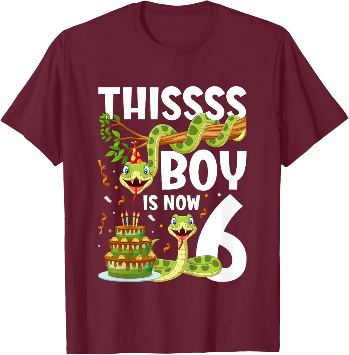 Kids 6th Reptile Birthday 6 Year Old Boy Snake Birthday Party T-Shirt - T-Shirt | Maroon