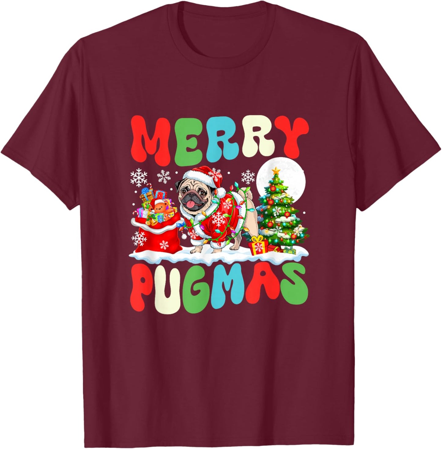 Merry Pugmas Christmas Santa Pug Colourful Costume Owner T-Shirt - T-Shirt | Maroon
