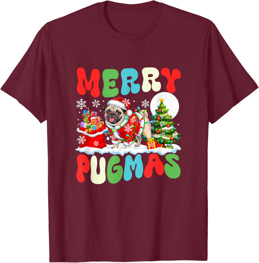 Merry Pugmas Christmas Santa Pug Colourful Costume Owner T-Shirt - T-Shirt | Maroon