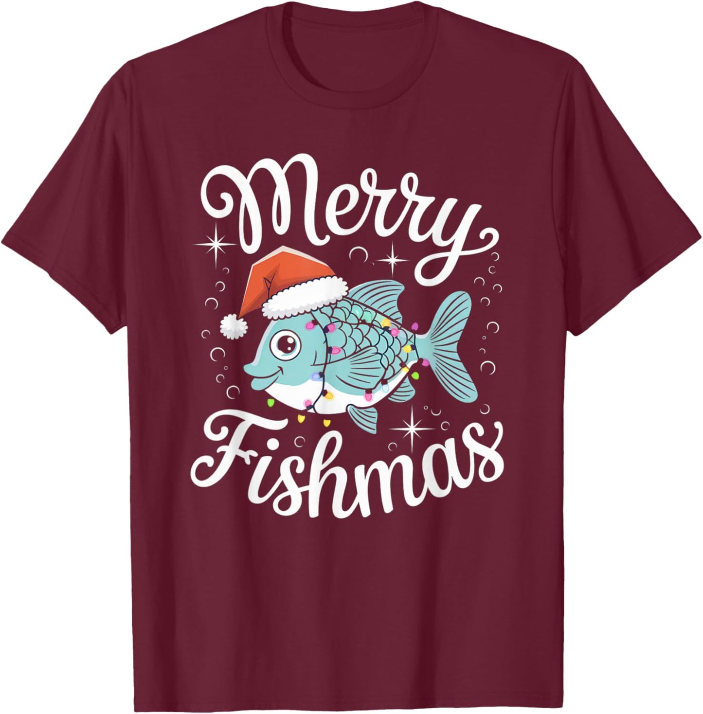 Merry Fishmas Cute Fish Christmas Decor with Santa Hat and T-Shirt - T-Shirt | Maroon