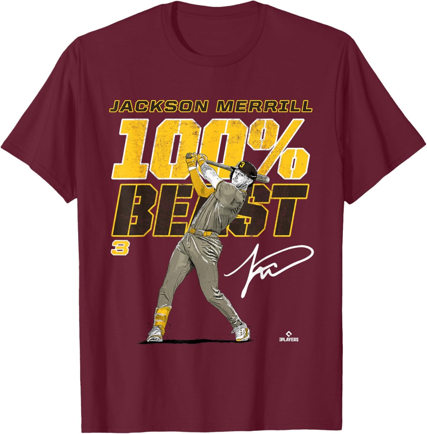 100% Beast Jackson Merrill San Diego Baseball MLBPA T-Shirt - T-Shirt | Maroon