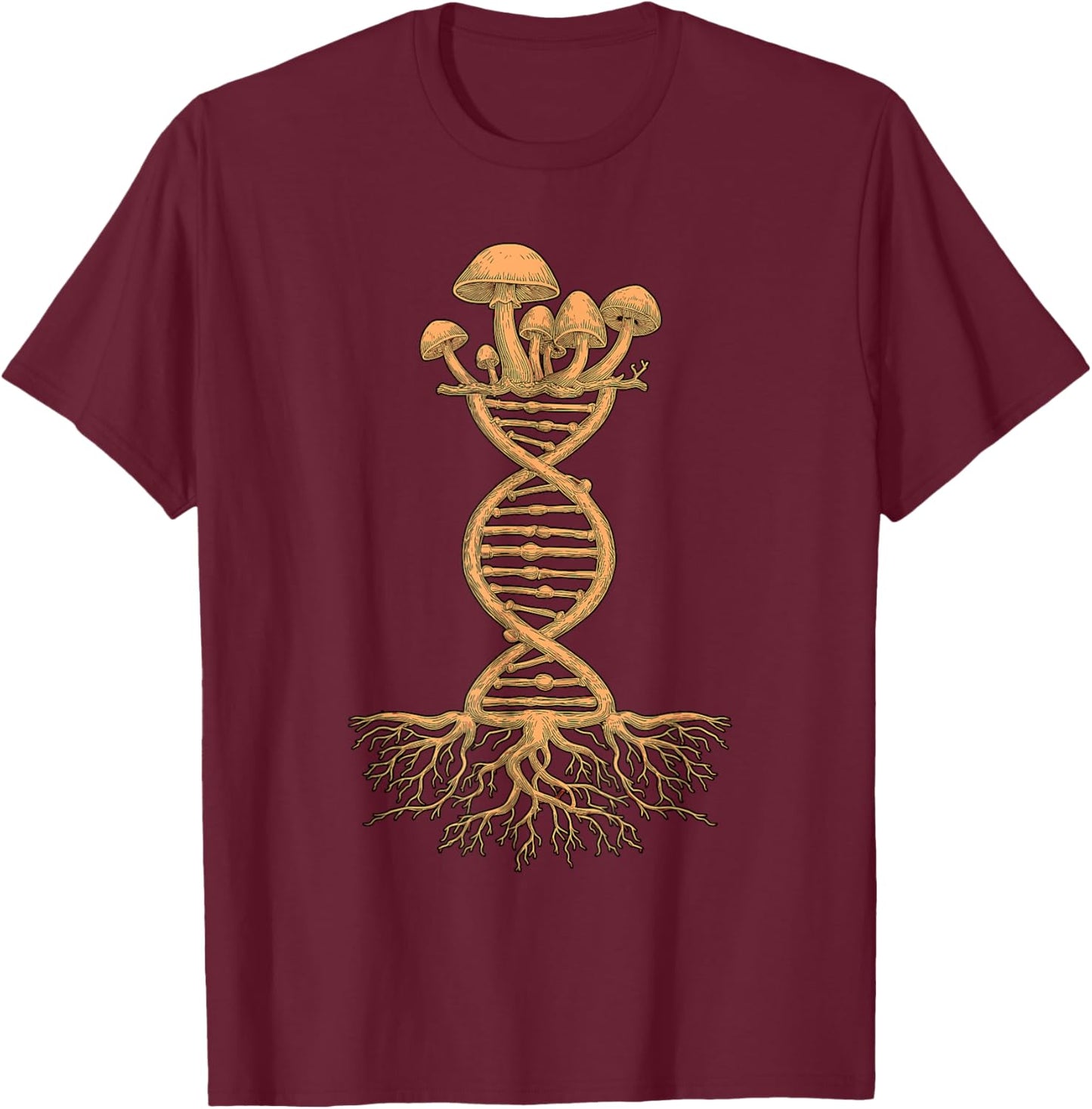 Mushroom DNA Helix Design with Roots and Fungi Artwork T-Shirt - T-Shirt | Maroon