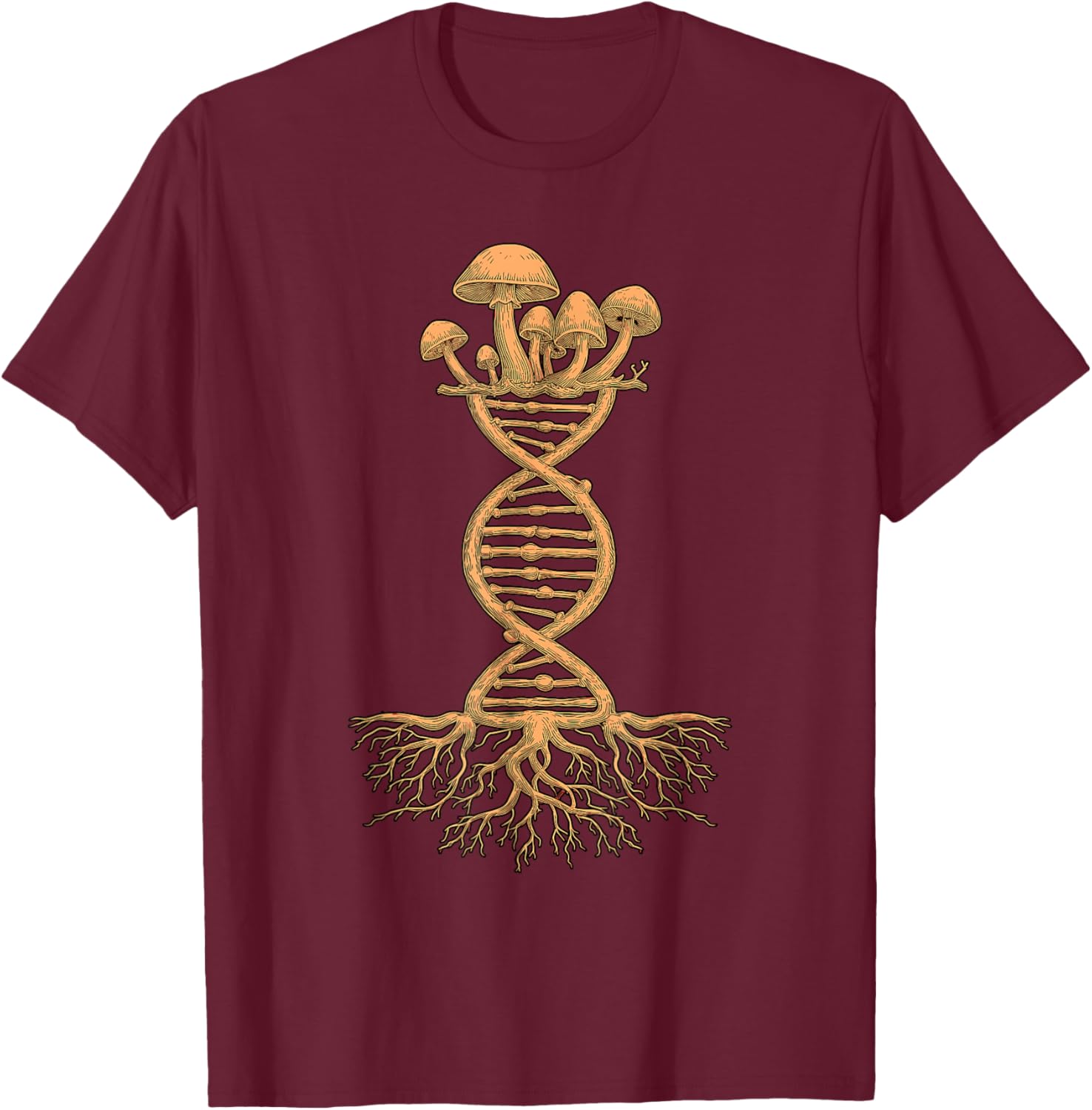Mushroom DNA Helix Design with Roots and Fungi Artwork T-Shirt - T-Shirt | Maroon