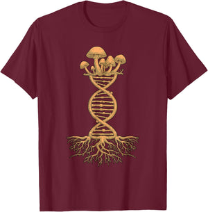Mushroom DNA Helix Design with Roots and Fungi Artwork T-Shirt - T-Shirt | Maroon