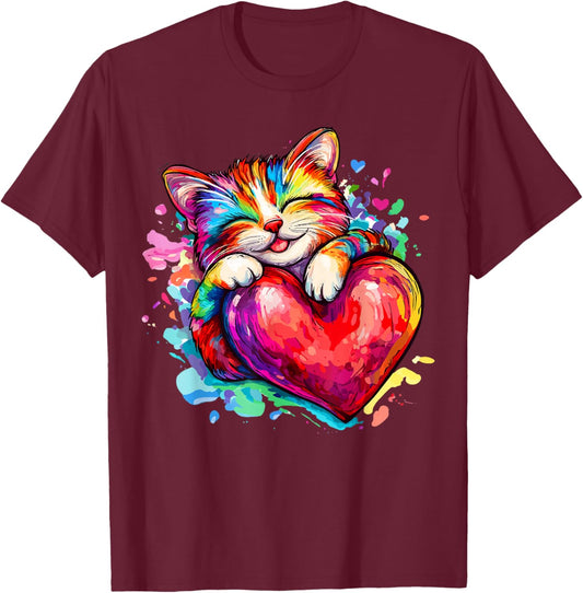 Cat Kitty Hugging Valentine Heart Rainbow Love T-Shirt - T-Shirt | Maroon