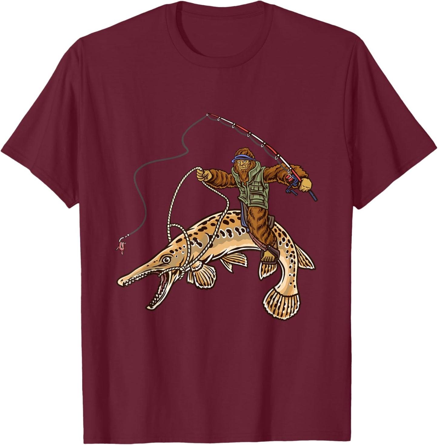 Alligator Gar Fishing Bigfoot Fisherman , Small, Black T-Shirt - T-Shirt | Maroon
