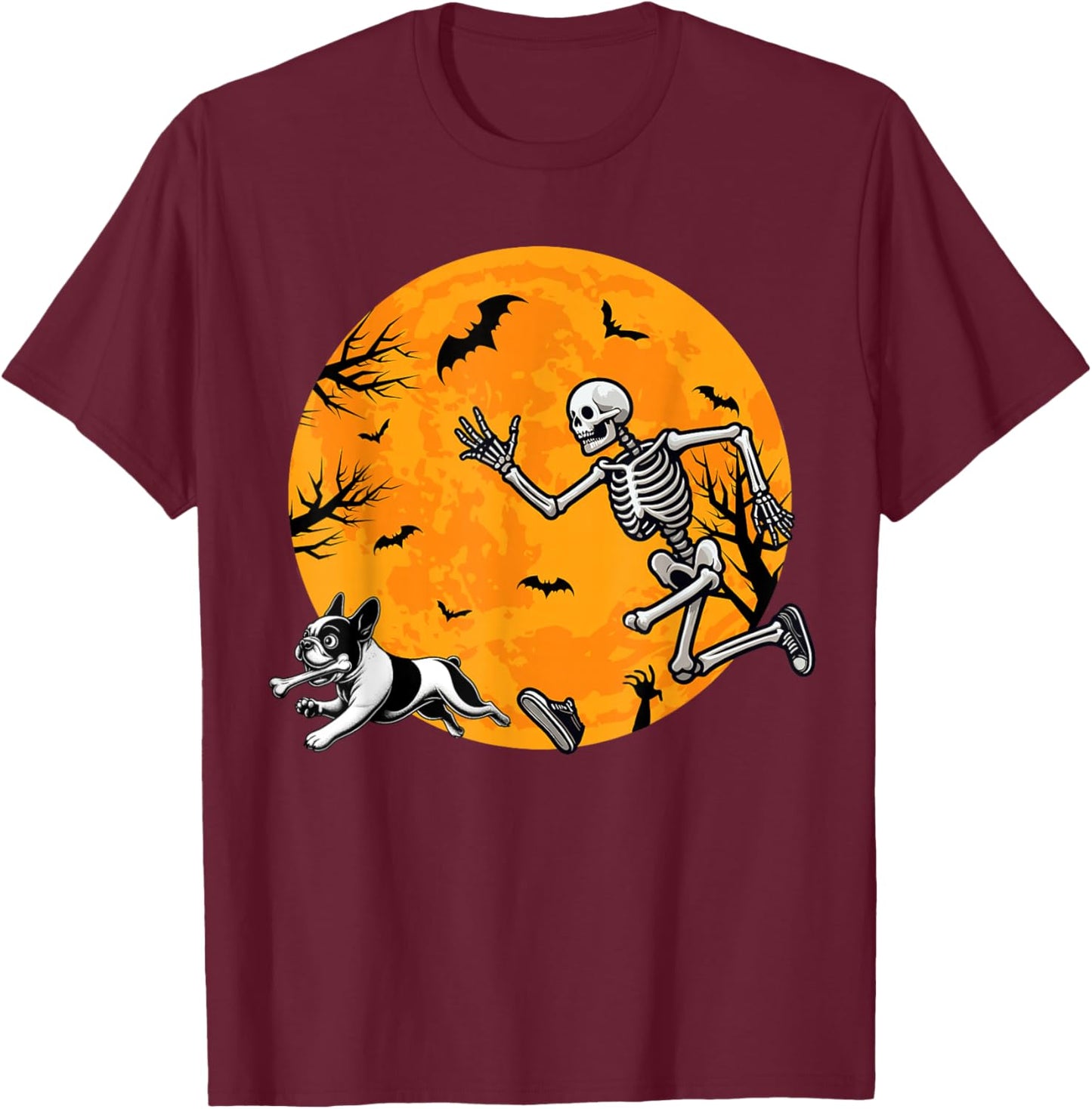 Halloween Dog Skeleton Chasing Dog Halloween French Bulldog T-Shirt - T-Shirt | Maroon
