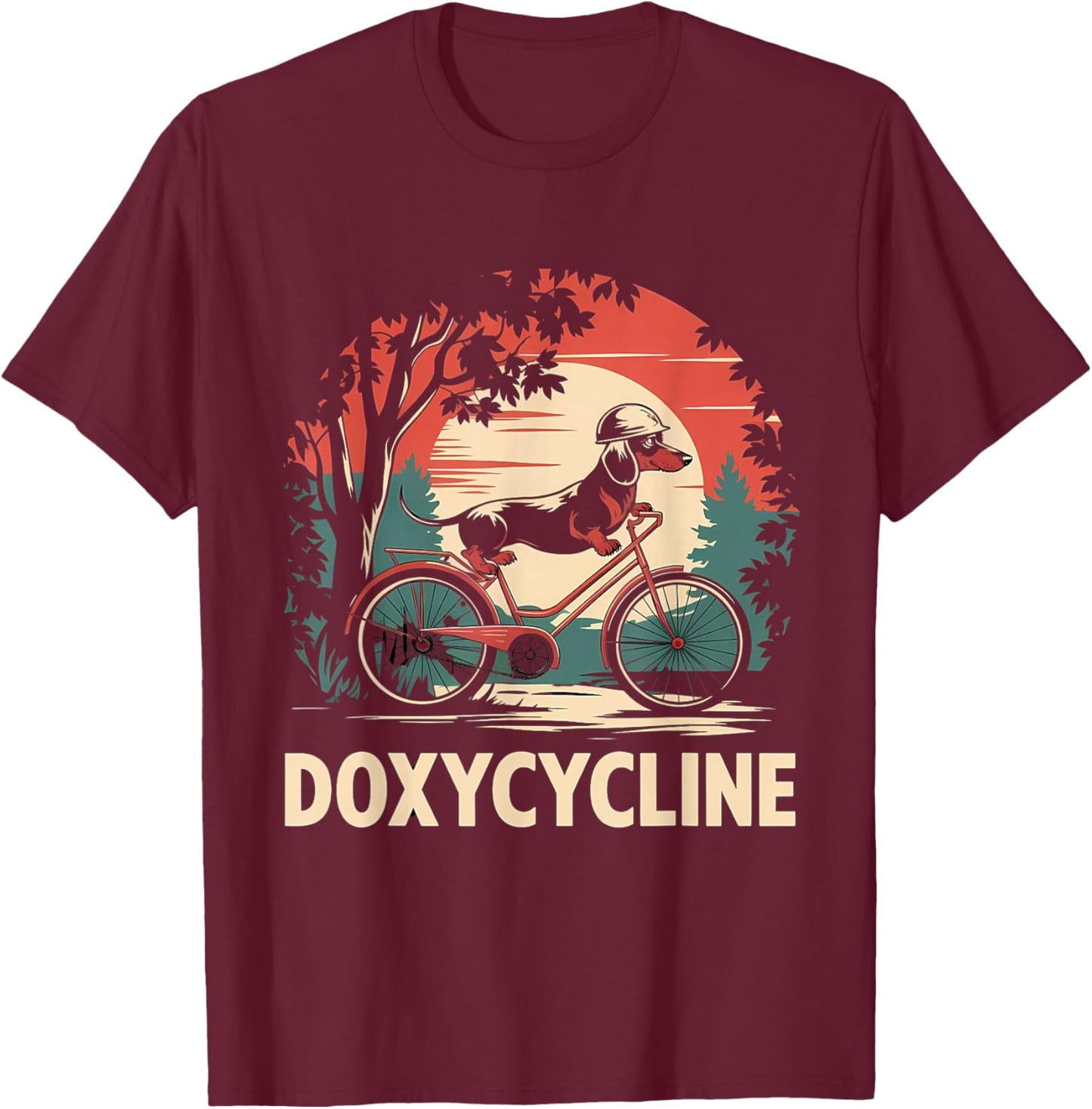 Dachshund on Bicycle Doxycycline Pharmacy Pun Dog Pharmacist T-Shirt - T-Shirt | Maroon