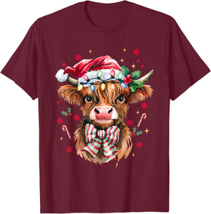 Coquette Christmas Western Highland Cow Santa Xmas Holiday T-Shirt - T-Shirt | Maroon
