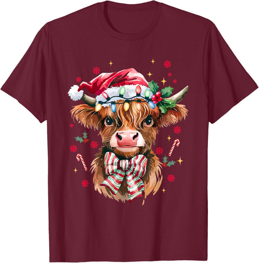 Coquette Christmas Western Highland Cow Santa Xmas Holiday T-Shirt - T-Shirt | Maroon