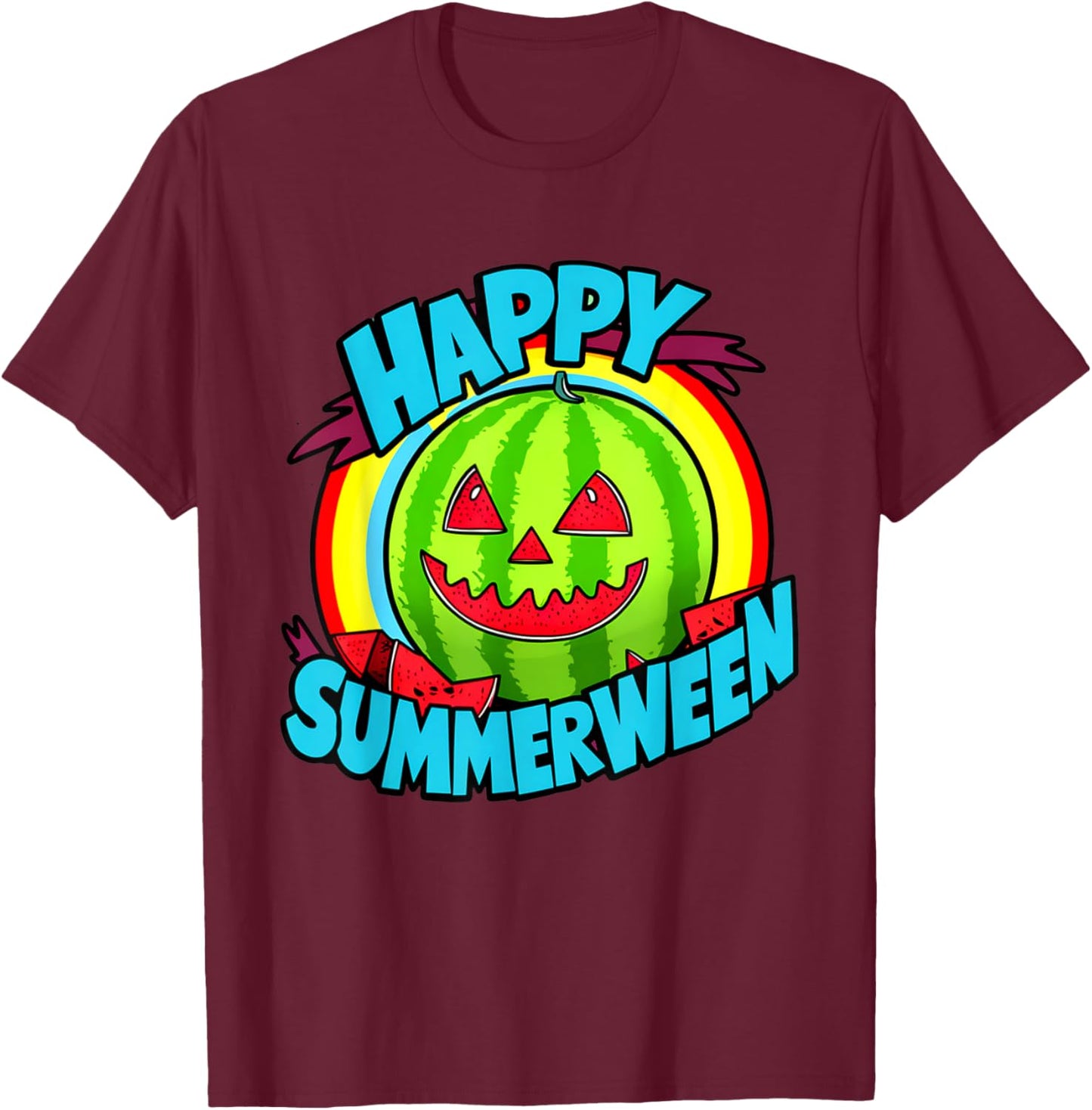 Happy Summerween Summer Watermelon Jack-o-lantern Halloween Men Women T-Shirt - T-Shirt | Maroon