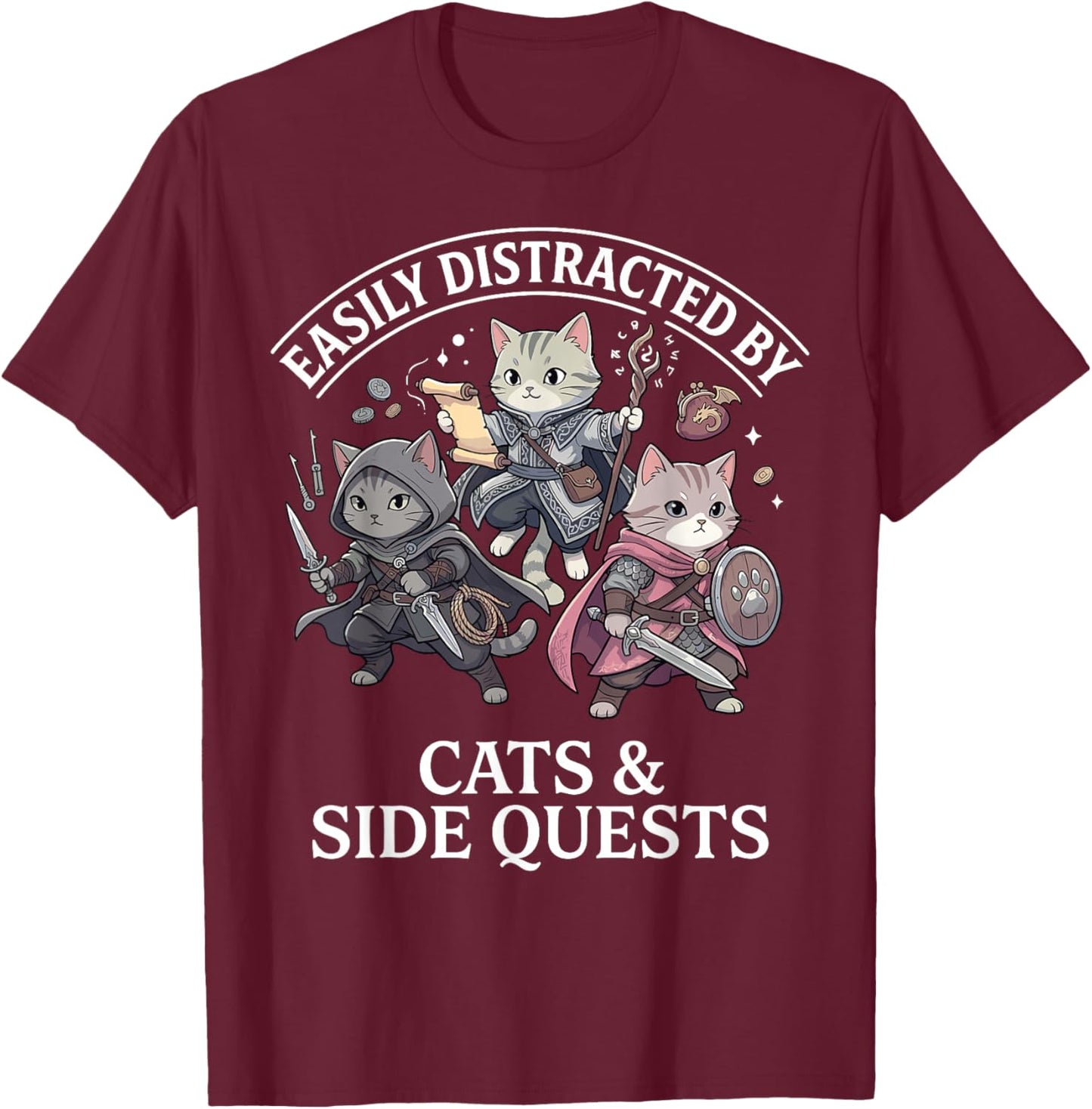 Easily Distracted by Cats Side Quests RPG Gamer Funny T-Shirt - T-Shirt | Maroon