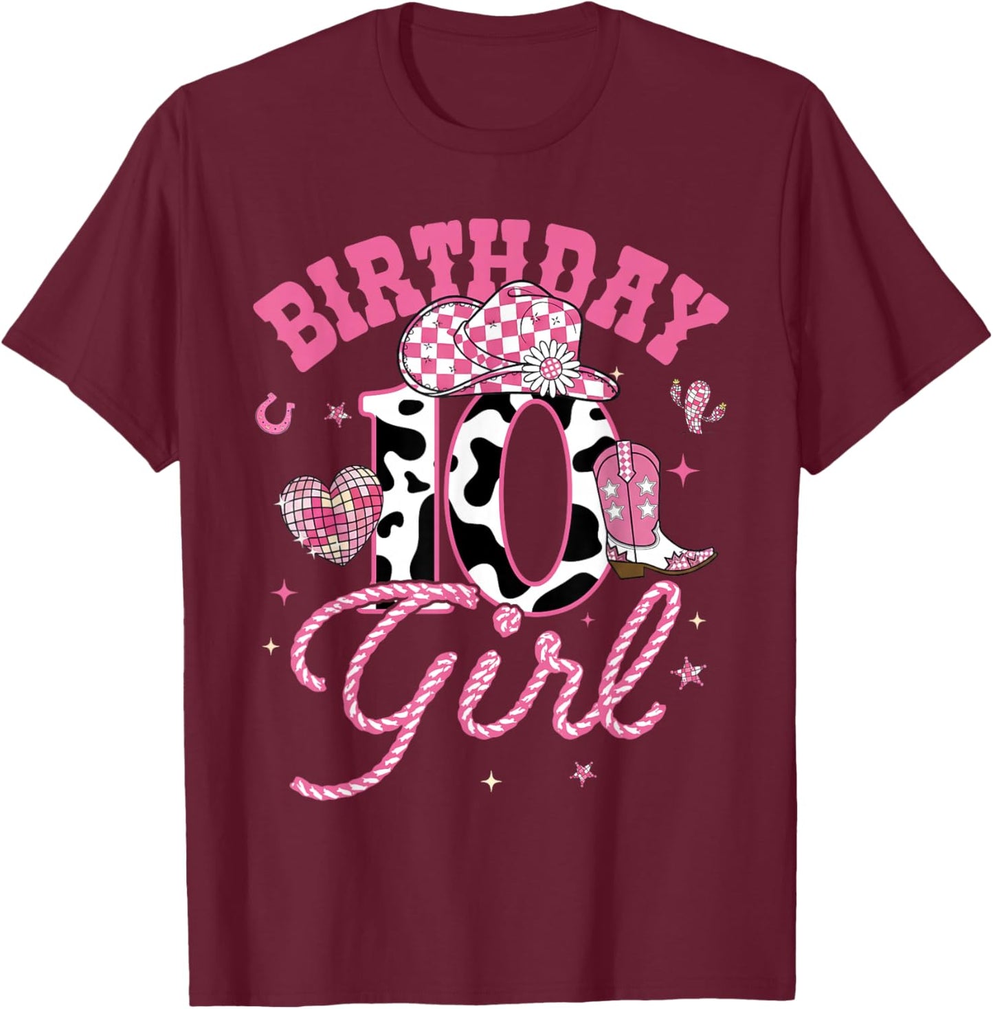 Kids 10 Year Old 10th Birthday Pink Cowgirl Birthday Girl T-Shirt - T-Shirt | Maroon
