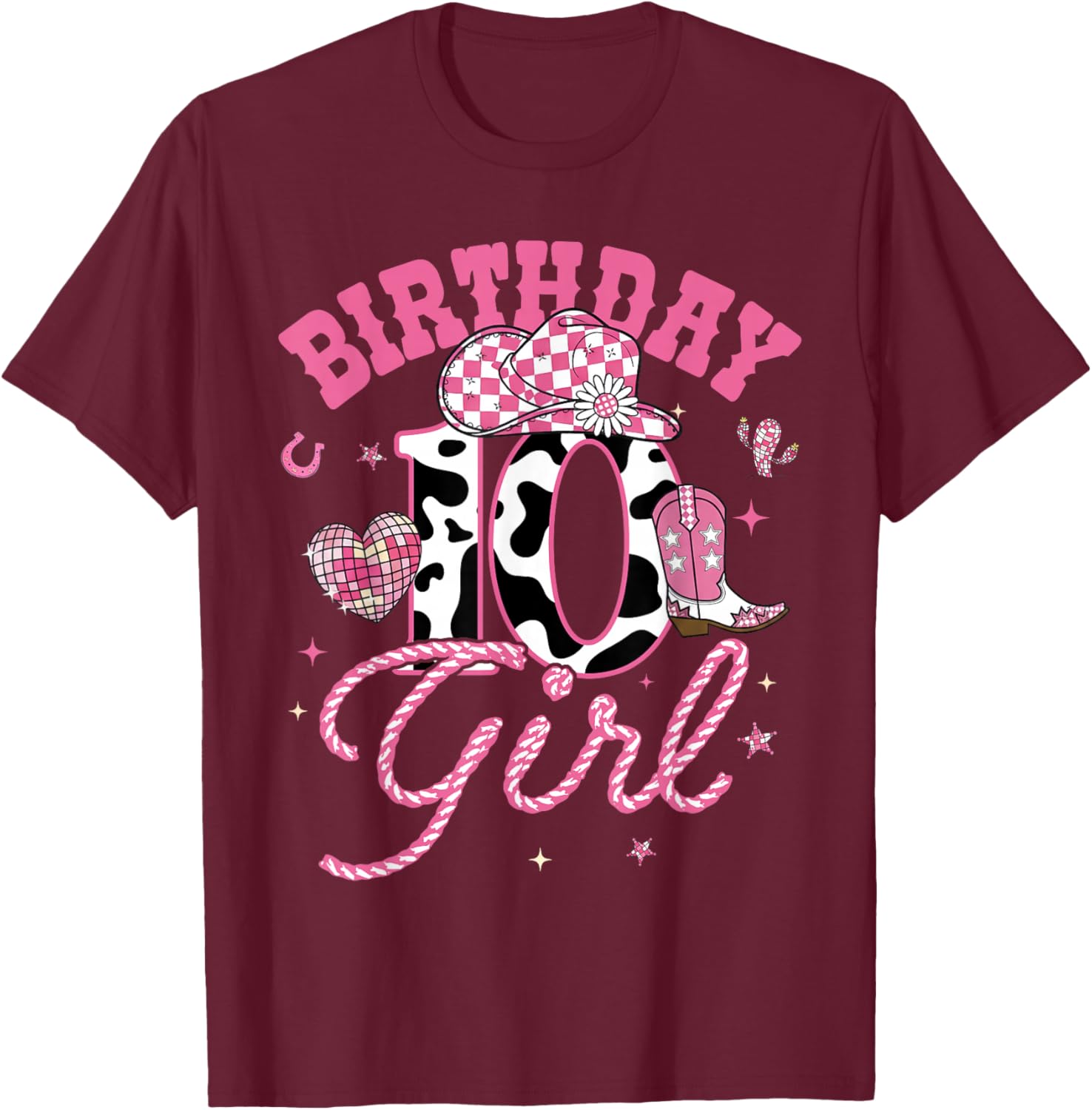 Kids 10 Year Old 10th Birthday Pink Cowgirl Birthday Girl T-Shirt - T-Shirt | Maroon