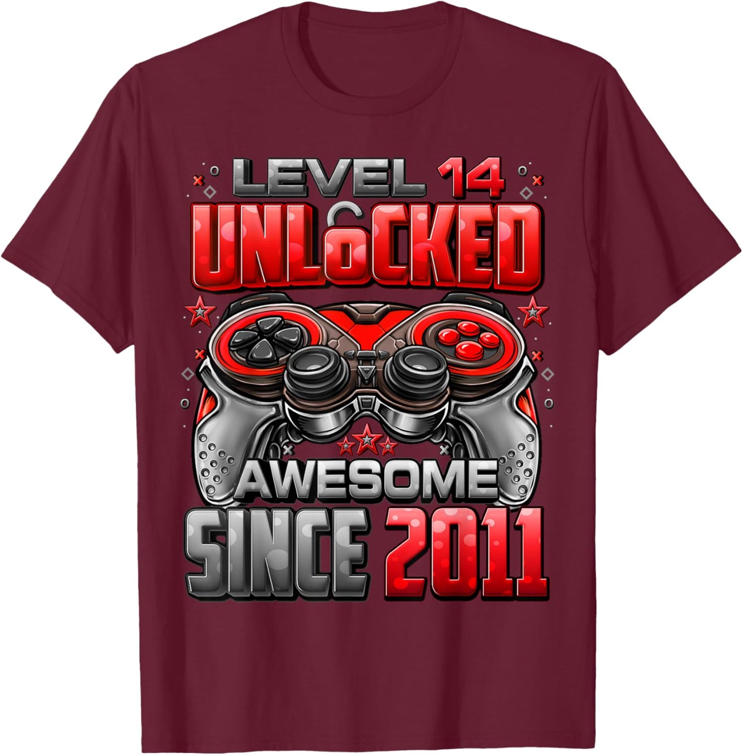 Level 14 Unlocked Awesome Since 2011 14th Birthday Gaming T-Shirt - T-Shirt | Maroon