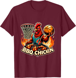 Bbq Chicken with Grill on Flames Playing Basketball T-Shirt - T-Shirt | Maroon