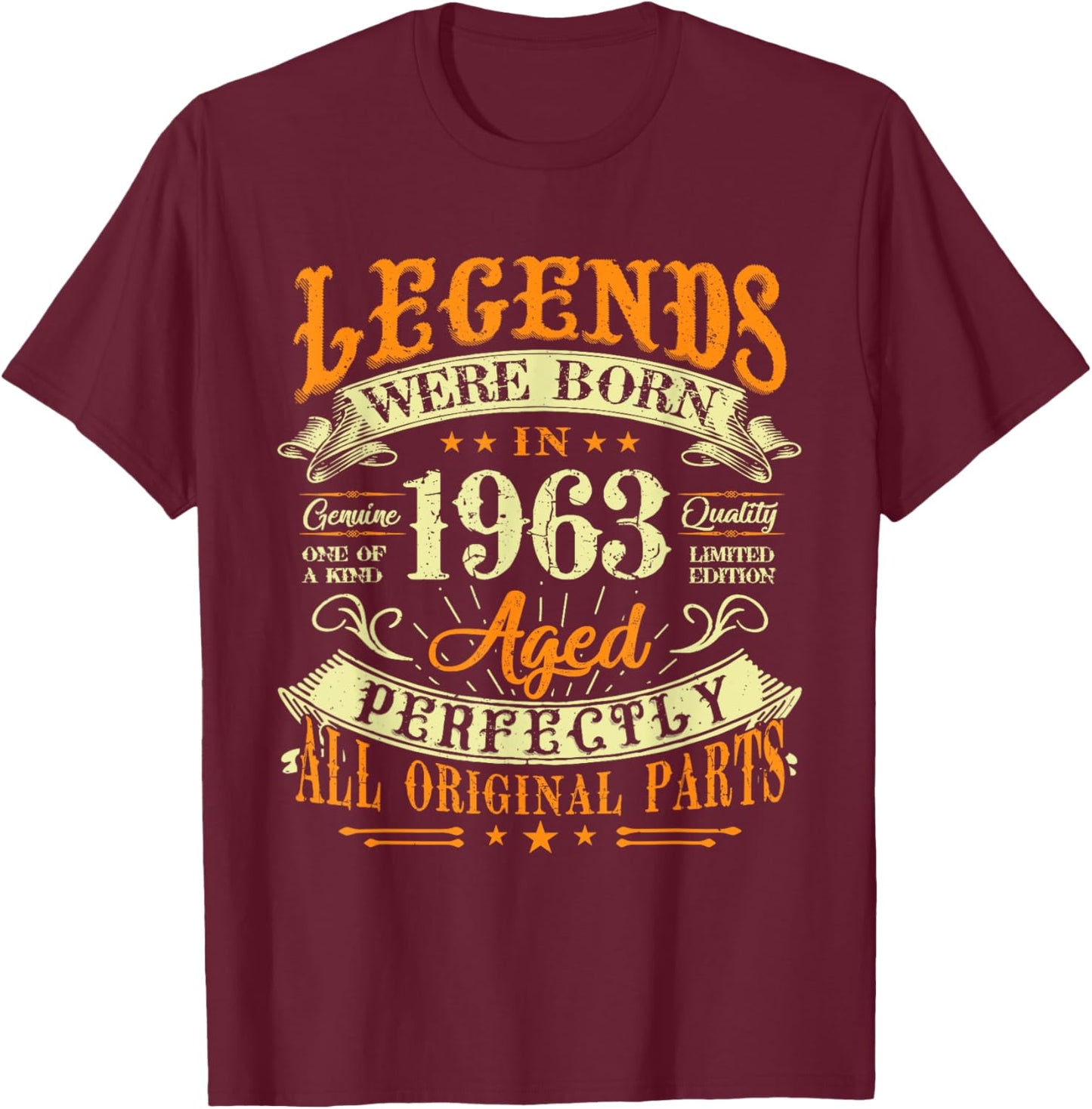 62th Birthday Vintage Legends Born In 1963 62 Years Old T-Shirt - T-Shirt | Maroon