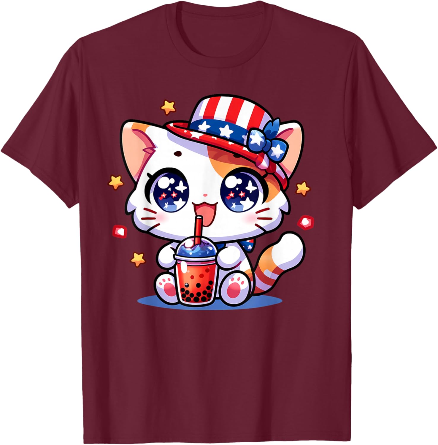 Cute 4th of July Cat Shirt Girls Kids Kawaii Anime Boba Tea T-Shirt - T-Shirt | Maroon