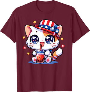 Cute 4th of July Cat Shirt Girls Kids Kawaii Anime Boba Tea T-Shirt - T-Shirt | Maroon