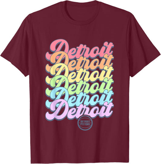 NBA Detroit Pistons Pastel Rainbow Pride Stack T-Shirt - T-Shirt | Maroon
