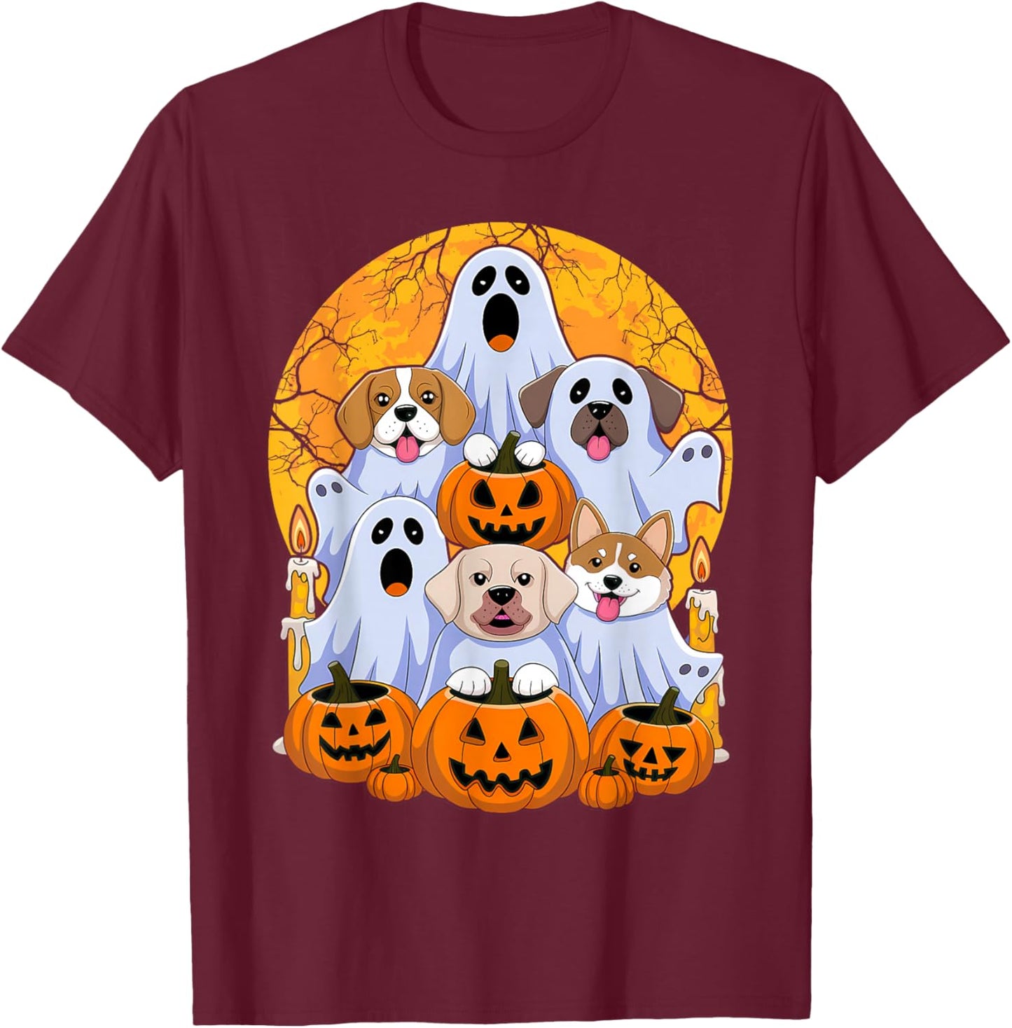 Dog Ghost Cute Dog Dressed As Ghost Funny Halloween Dog T-Shirt - T-Shirt | Maroon