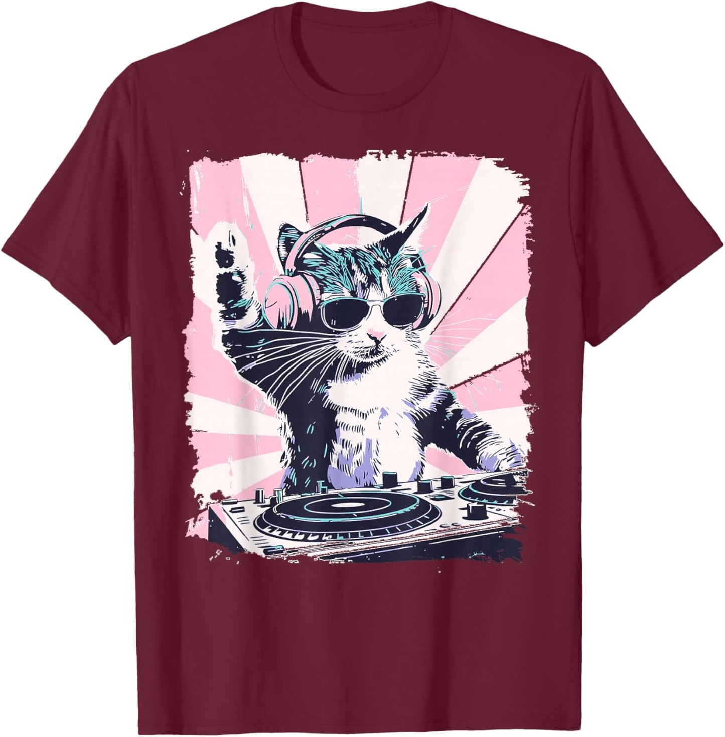 Funny DJ Cat with Headphones Retro Music Lover Art T-Shirt - T-Shirt | Maroon